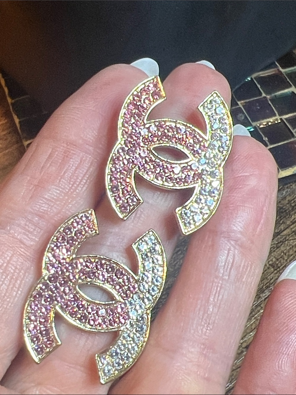 Gold  Crystal C Logo Stud Earrings in Pink and white